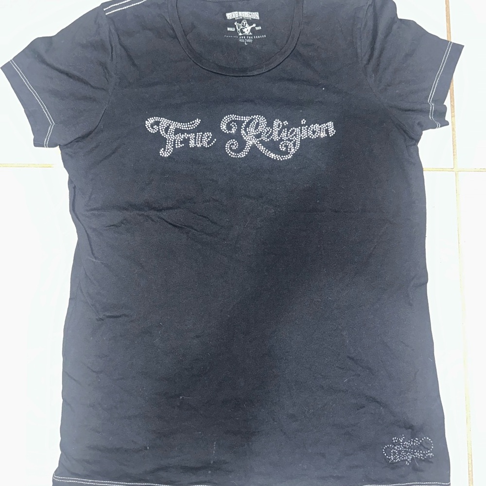 True Religion Black Rhinestone Logo T-Shirt Size L